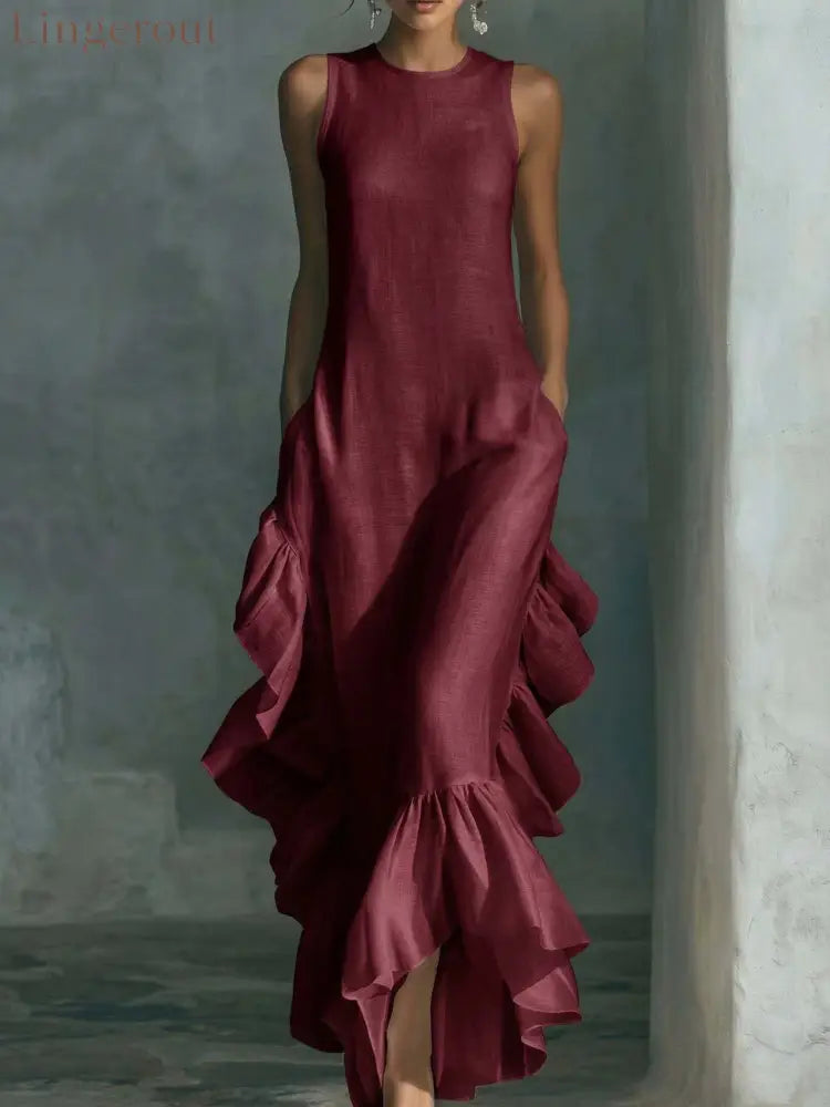 Sleeveless Ruffled Linen Maxi Dress - Burgundy / S
