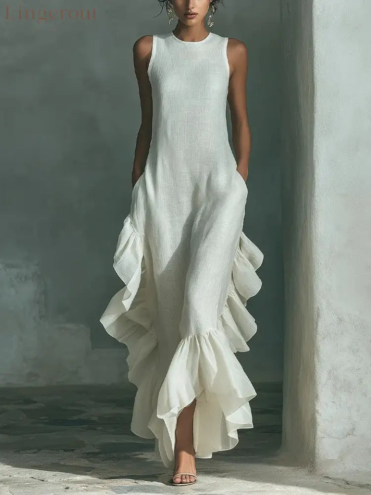 Sleeveless Ruffled Linen Maxi Dress - Ivory white / S