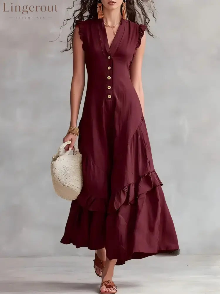 Sleeveless Ruffled V-Neck Maxi Dress - Burgundy / S