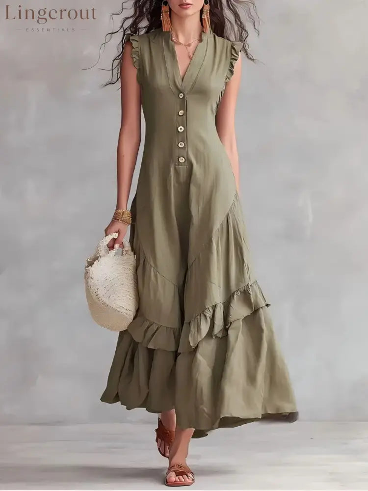 Sleeveless Ruffled V-Neck Maxi Dress - Green / S