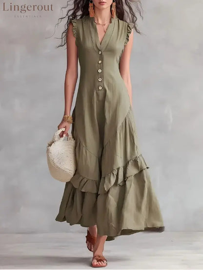 Sleeveless Ruffled V-Neck Maxi Dress - Green / S