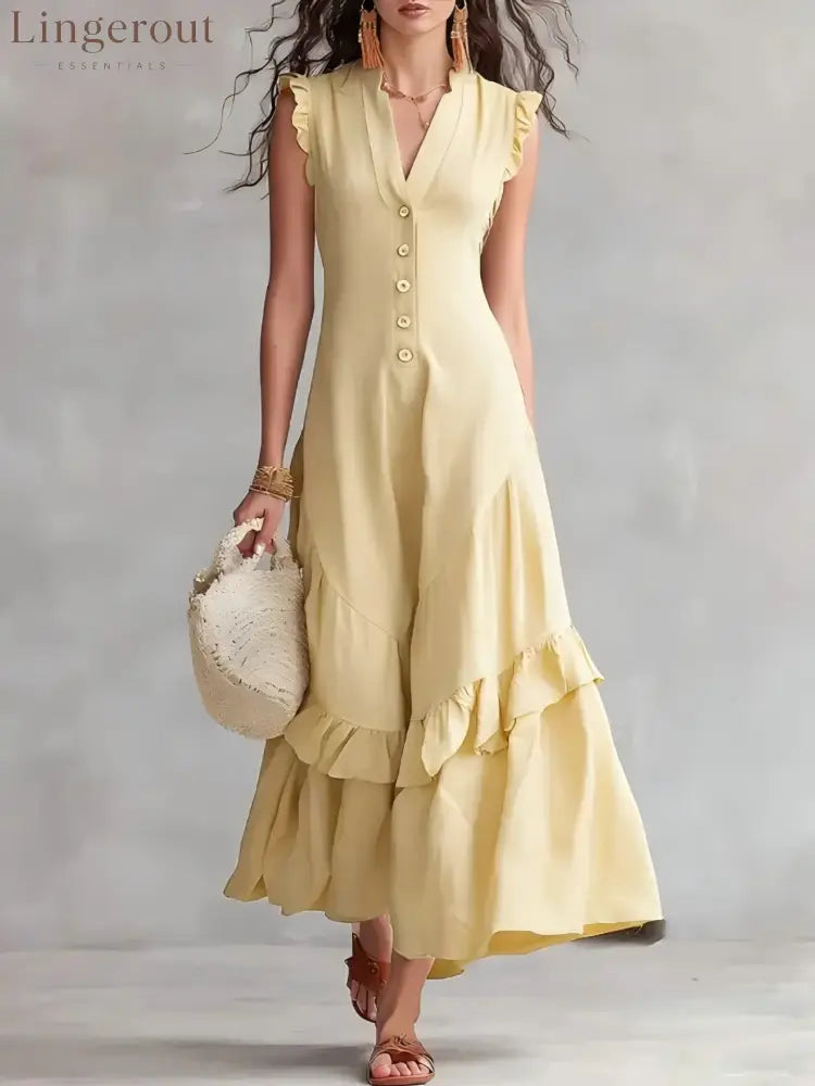 Sleeveless Ruffled V-Neck Maxi Dress - Light yellow / S