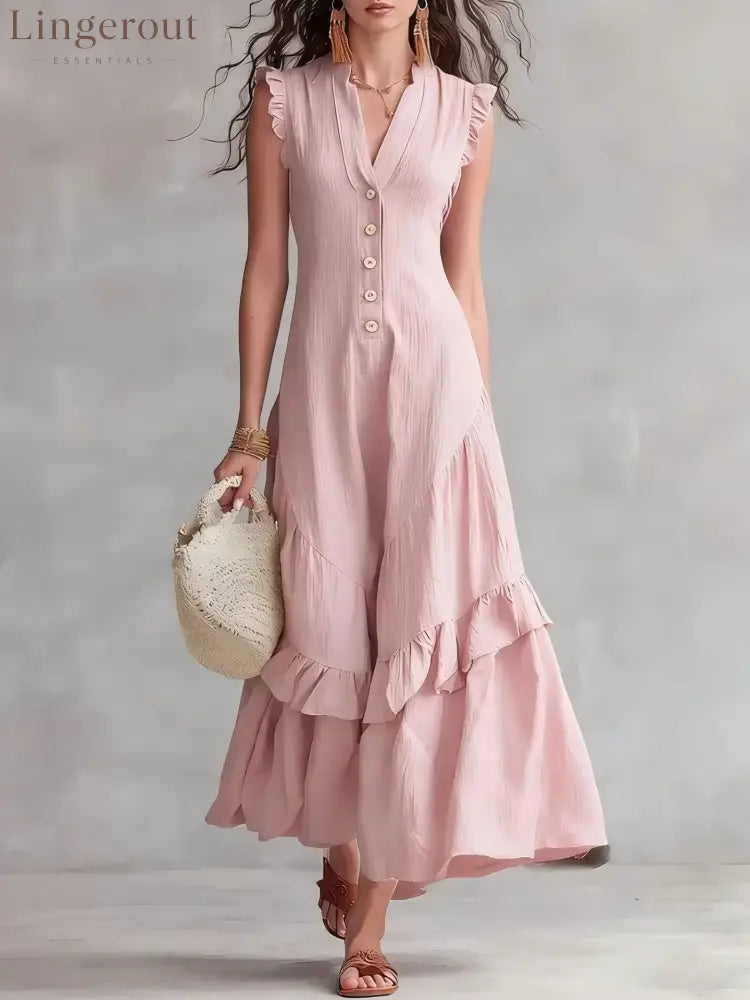 Sleeveless Ruffled V-Neck Maxi Dress - Pink / S