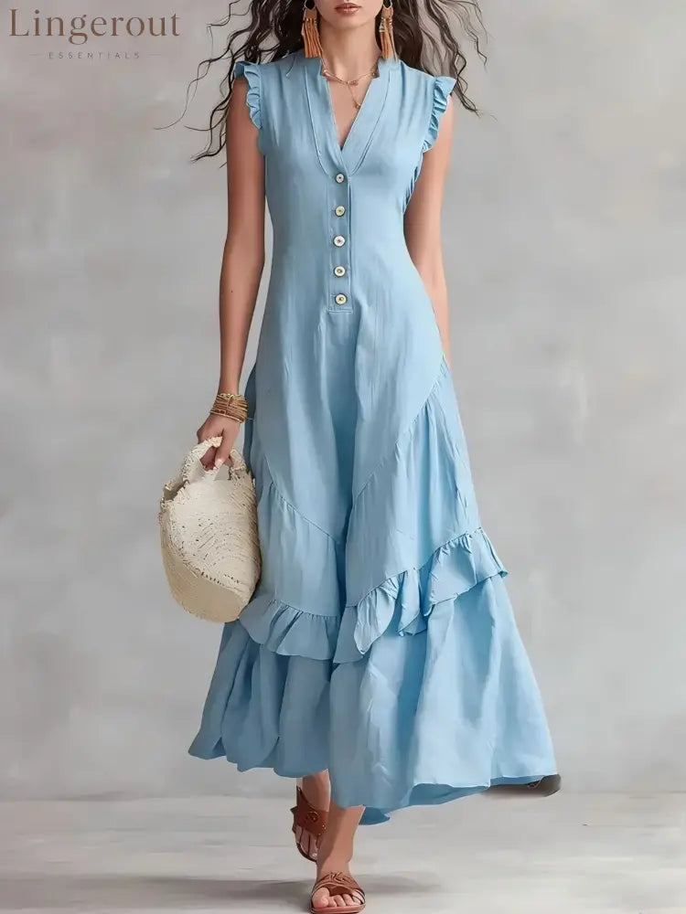 Sleeveless Ruffled V-Neck Maxi Dress - Sky blue / S