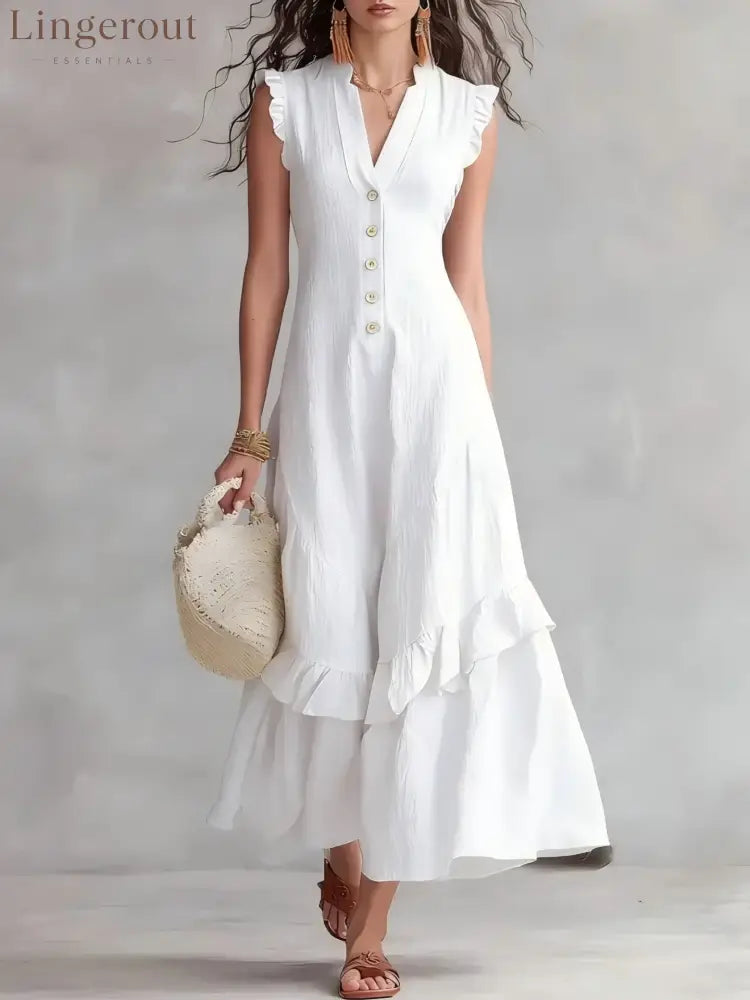 Sleeveless Ruffled V-Neck Maxi Dress - White / S
