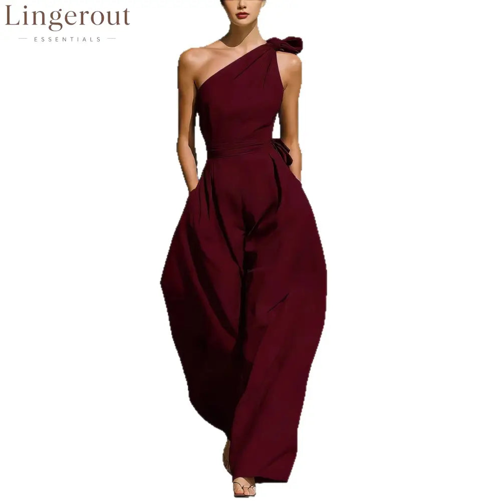 Sleeveless Slanted Shoulder Waist Jumpsuit - Claret / S