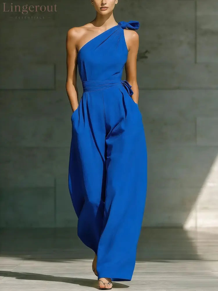 Sleeveless Slanted Shoulder Waist Jumpsuit - Dark blue / S