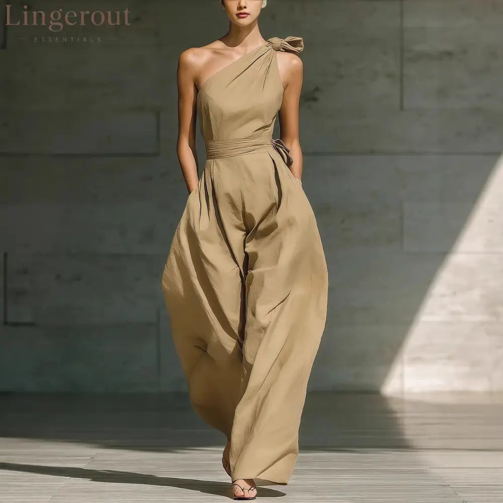 Sleeveless Slanted Shoulder Waist Jumpsuit - Khaki / S