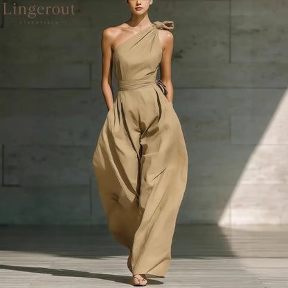 Sleeveless Slanted Shoulder Waist Jumpsuit - Khaki / S