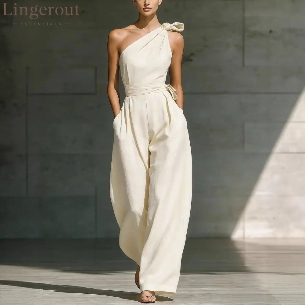 Sleeveless Slanted Shoulder Waist Jumpsuit - Off white / S