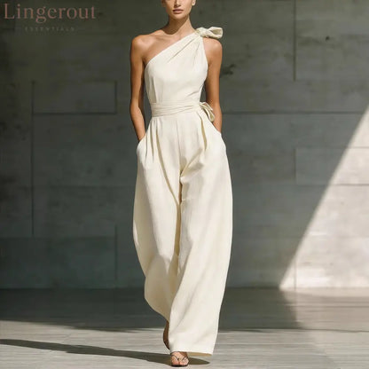 Sleeveless Slanted Shoulder Waist Jumpsuit - Off white / S