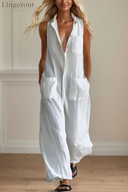 Sleeveless Solid Color Round Neck Jumpsuit - White / S