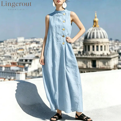 Sleeveless Stand Collar Linen Midi Maxi Dress with Side Buttons