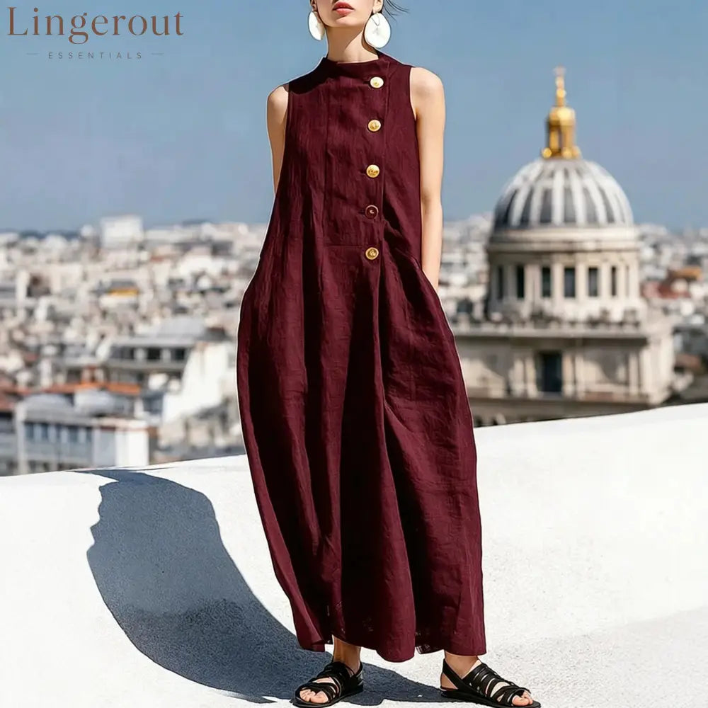 Sleeveless Stand Collar Linen Midi Maxi Dress with Side Buttons