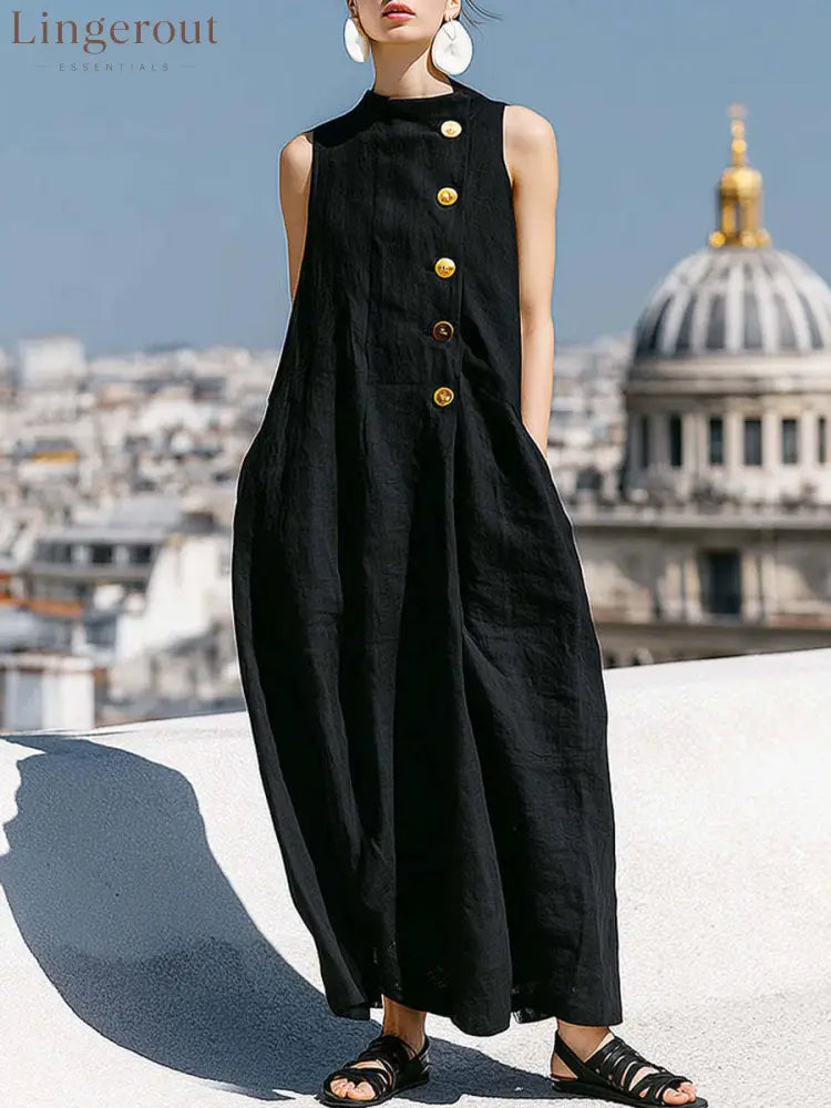 Sleeveless Stand Collar Linen Midi Maxi Dress with Side Buttons - Black / S