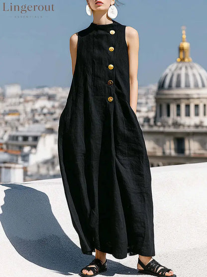 Sleeveless Stand Collar Linen Midi Maxi Dress with Side Buttons - Black / S