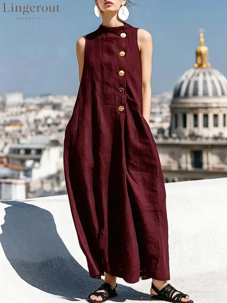 Sleeveless Stand Collar Linen Midi Maxi Dress with Side Buttons - Claret / S