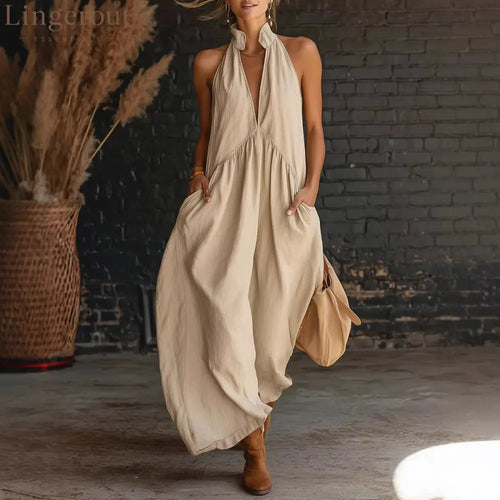 Sleeveless Stand Collar Solid Color Long Vacation Dress