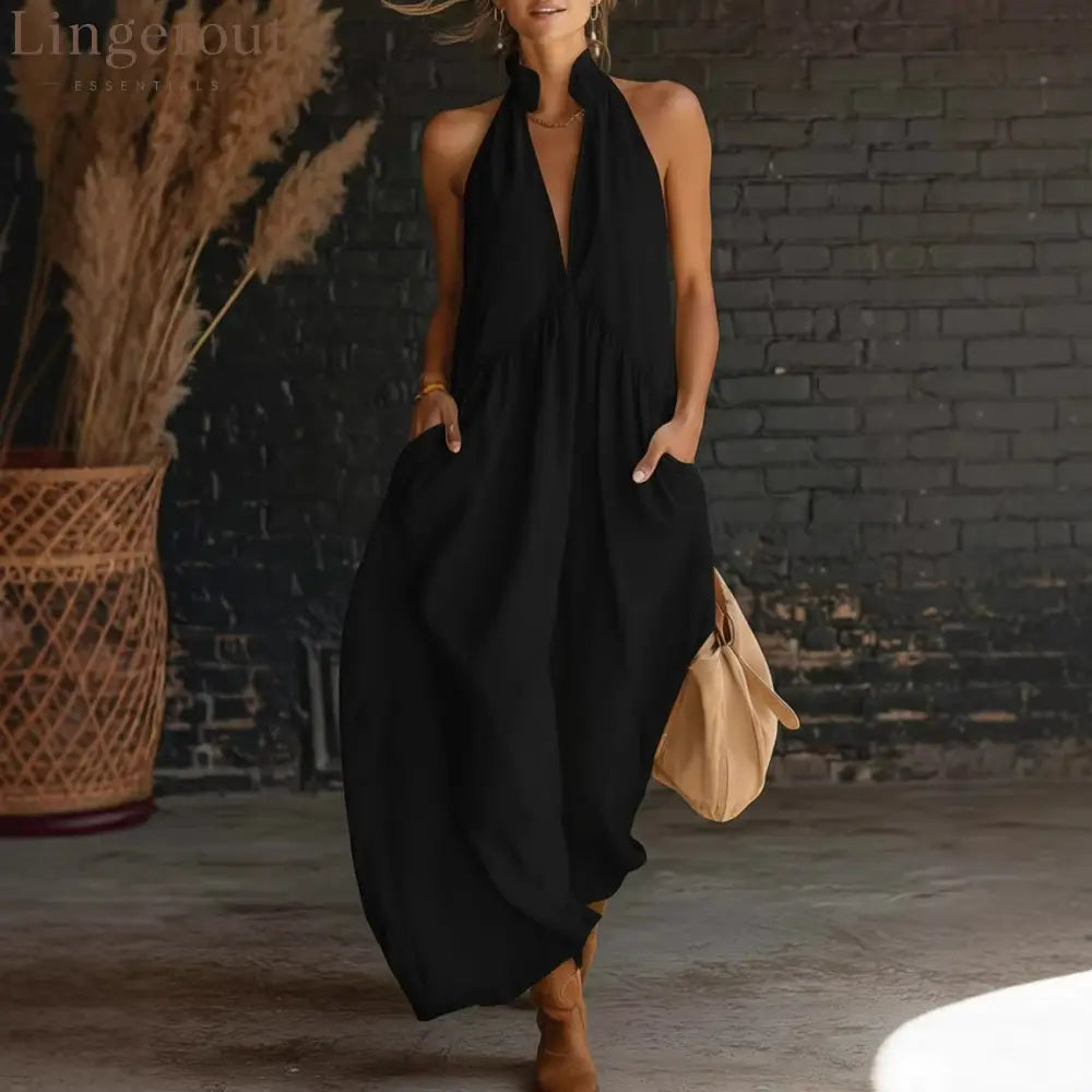 Sleeveless Stand Collar Solid Color Long Vacation Dress