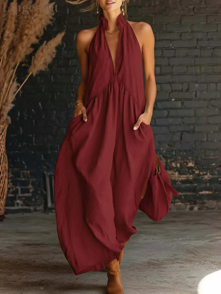 Sleeveless Stand Collar Solid Color Long Vacation Dress - Red / S