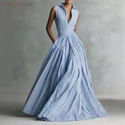 Sleeveless Striped Shirt Maxi Dress - Blue / S