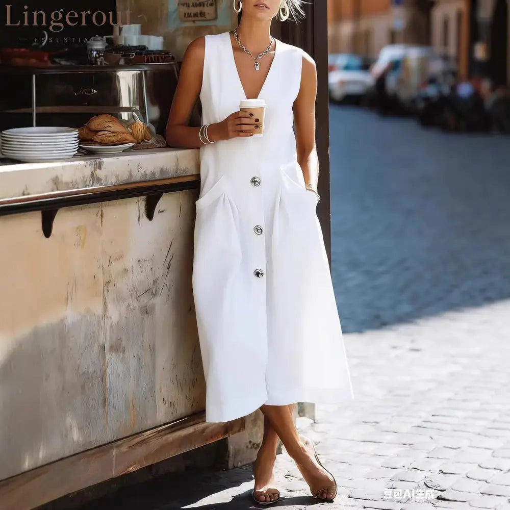 Sleeveless V-Neck Button-Front Midi Dress