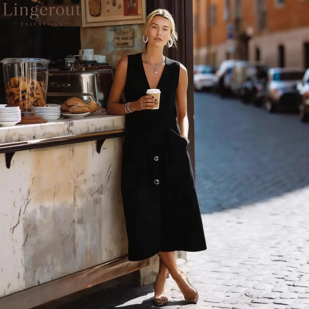 Sleeveless V-Neck Button-Front Midi Dress