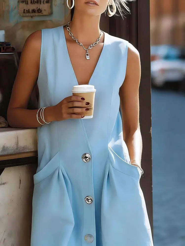 Sleeveless V-Neck Button-Front Midi Dress - Light blue / S