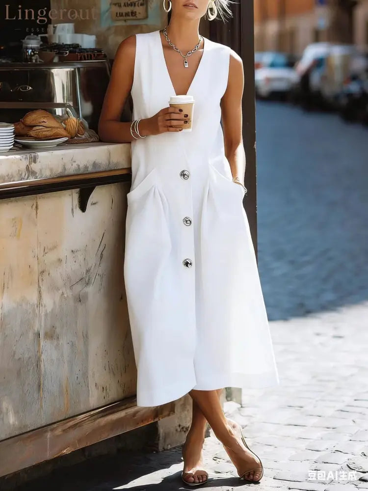 Sleeveless V-Neck Button-Front Midi Dress - White / S