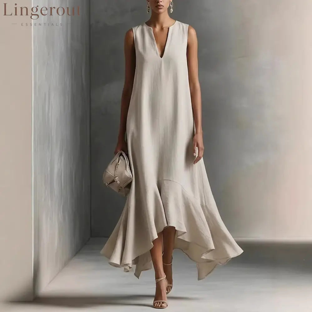 Sleeveless V-Neck Linen Midi Dress with Ruffled Hem