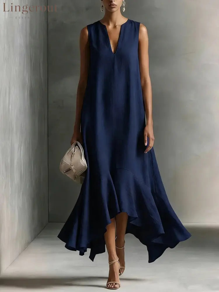 Sleeveless V-Neck Linen Midi Dress with Ruffled Hem - Navy / S