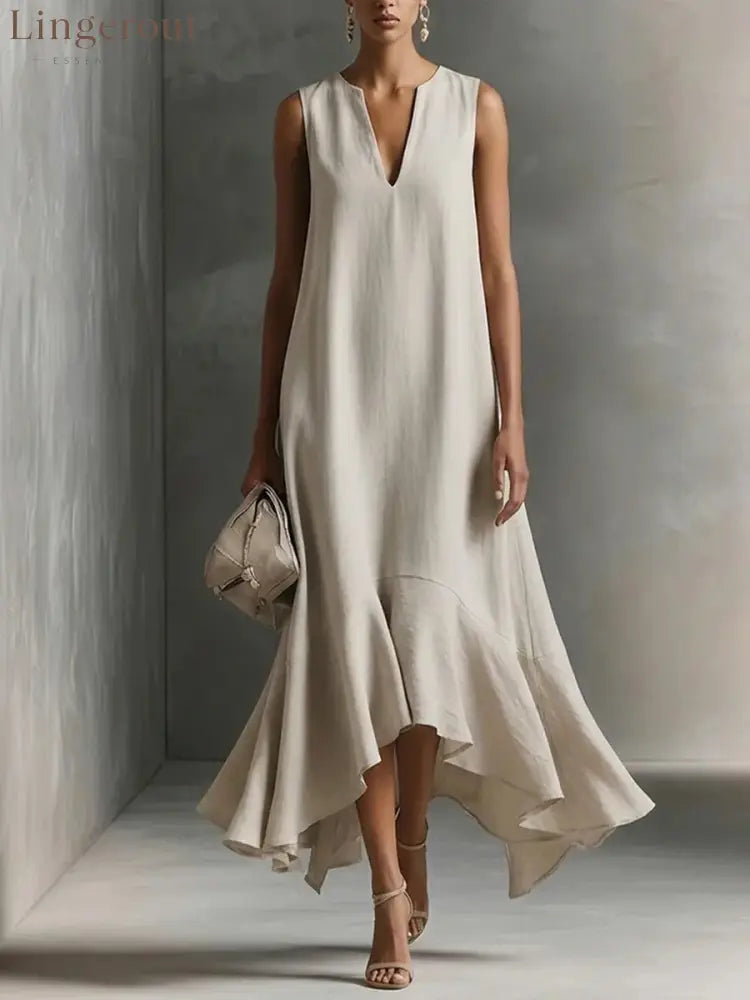 Sleeveless V-Neck Linen Midi Dress with Ruffled Hem - White / S