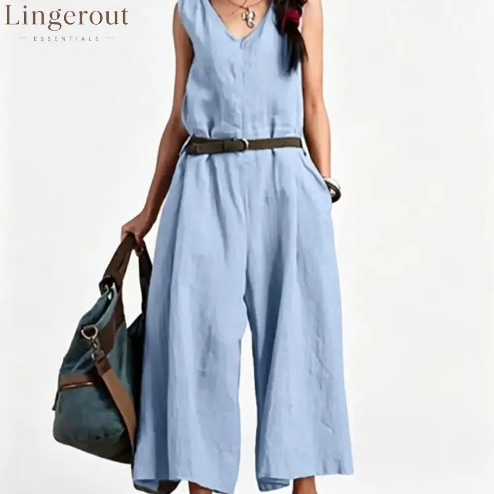 Sleeveless V-Neck Self Belt Linen Wide Leg Cropped Jumpsuit