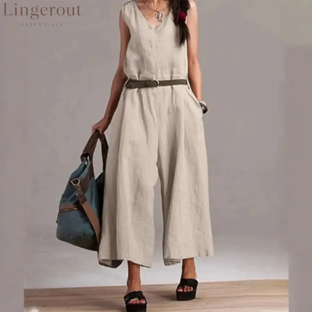 Sleeveless V-Neck Self Belt Linen Wide Leg Cropped Jumpsuit - Apricot / XS