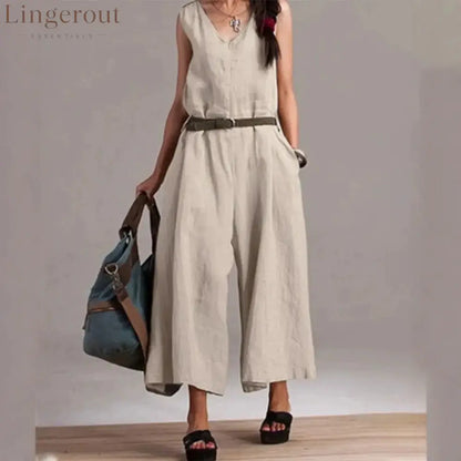 Sleeveless V-Neck Self Belt Linen Wide Leg Cropped Jumpsuit - Apricot / XS