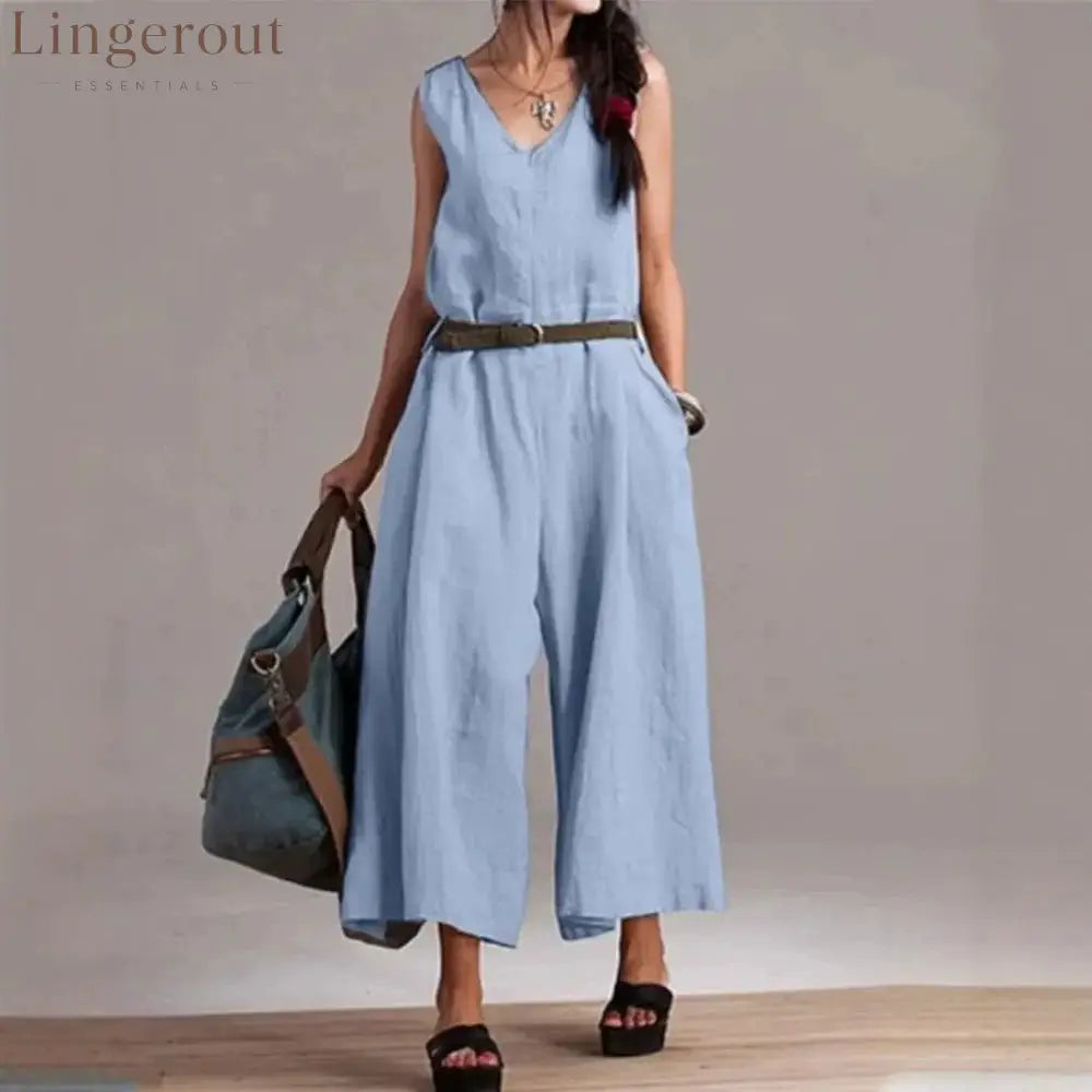 Sleeveless V-Neck Self Belt Linen Wide Leg Cropped Jumpsuit - Royal blue / XS