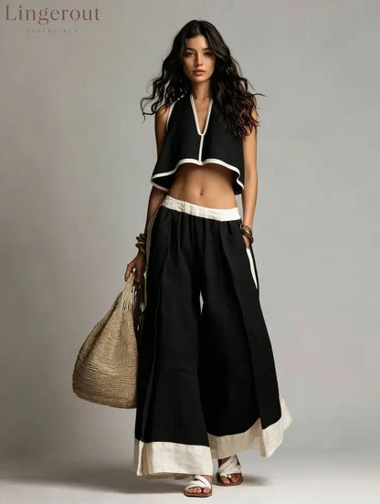 Sleeveless V-Neck Two-Piece Set – Solid Color Lounge & Casual Outfit - Black / XS