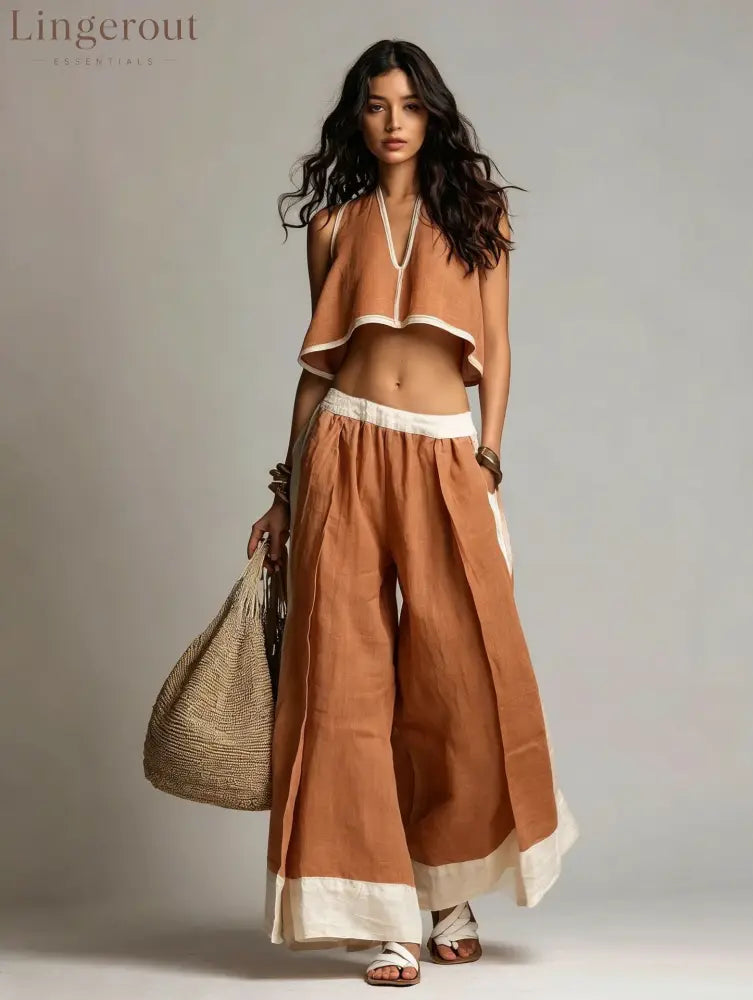 Sleeveless V-Neck Two-Piece Set – Solid Color Lounge & Casual Outfit - Caramel color / XS