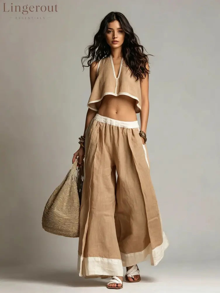 Sleeveless V-Neck Two-Piece Set – Solid Color Lounge & Casual Outfit - Khaki / XS