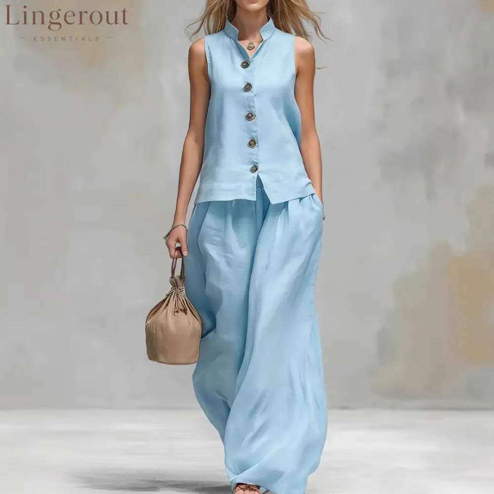 Sleeveless Vest Wide Leg Pants Casual Matching Set - Light blue / 2XL
