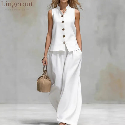 Sleeveless Vest Wide Leg Pants Casual Matching Set - White / 2XL