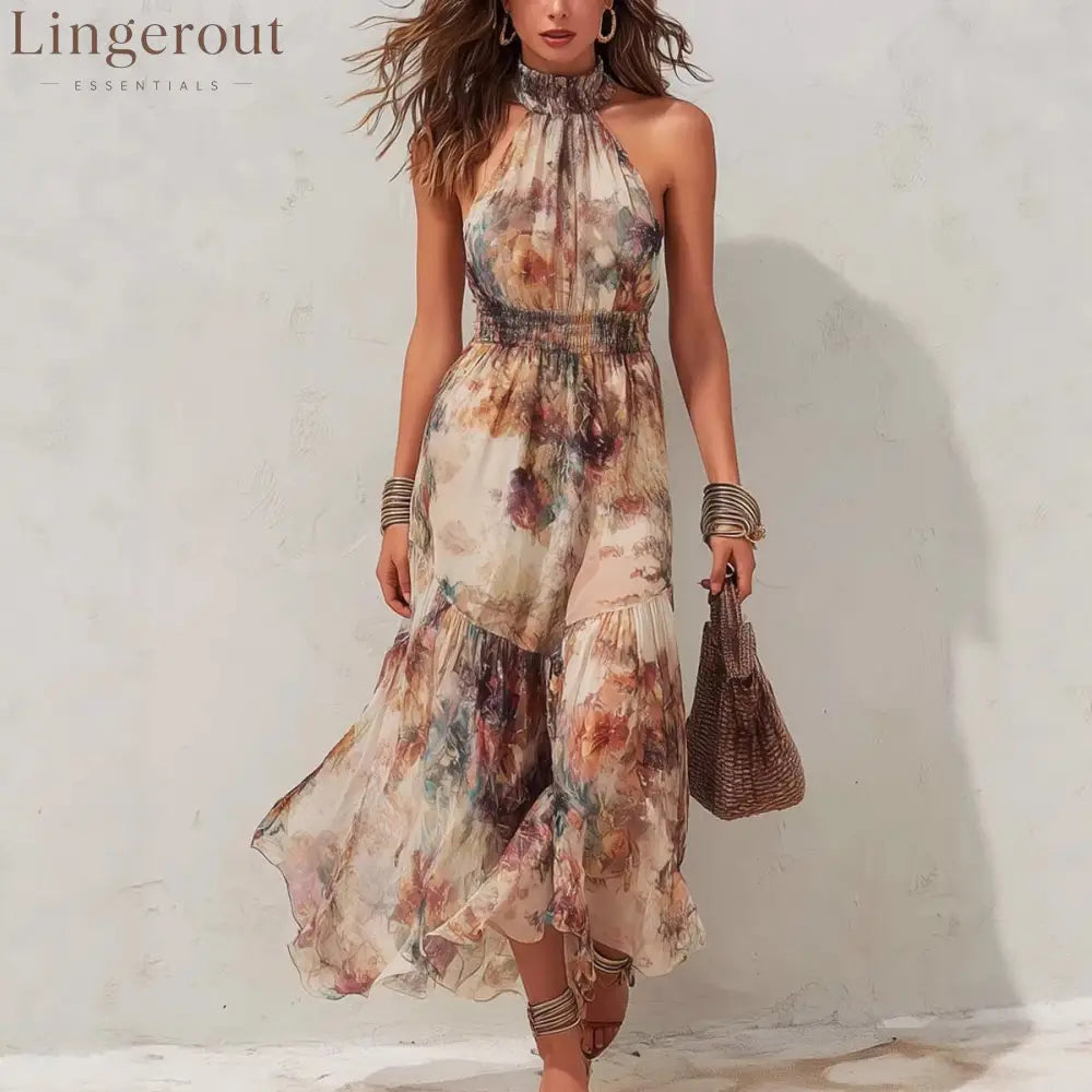 Sleeveless Vintage Watercolor Print Ruffled Flowy Vacation Dress - Apricot color / S