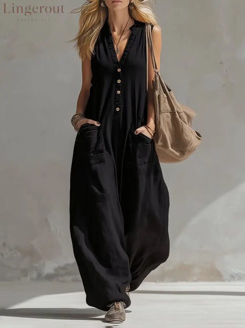 Sleeveless Wide Leg Buttoned Pockets Solid Color V-Neck Jumpsuits - BLACK / S