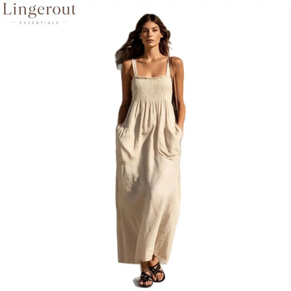 Smocked Square Neck Spaghetti Strap Pocket Linen Blend Maxi Dress
