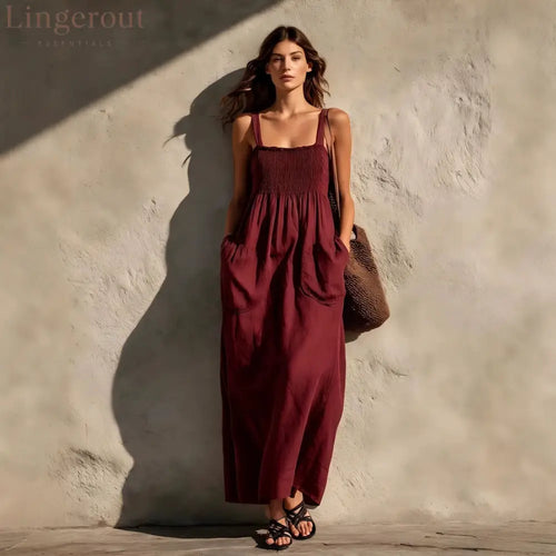 Smocked Square Neck Spaghetti Strap Pocket Linen Blend Maxi Dress