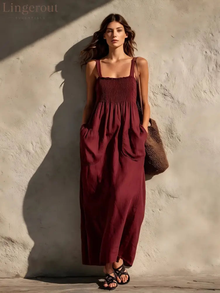 Smocked Square Neck Spaghetti Strap Pocket Linen Blend Maxi Dress - Claret / S