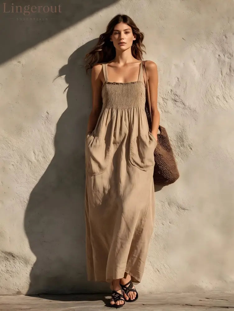 Smocked Square Neck Spaghetti Strap Pocket Linen Blend Maxi Dress - Khaki / S