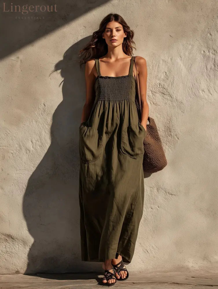 Smocked Square Neck Spaghetti Strap Pocket Linen Blend Maxi Dress - Olive green / S