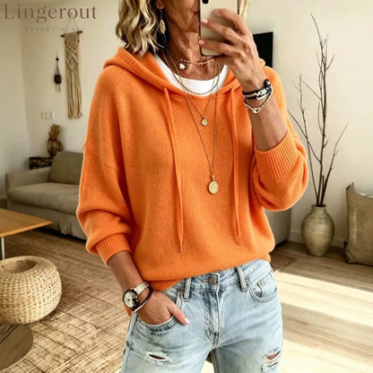 Soft Knit Drawstring Hooded Long Sleeve Pullover Sweater