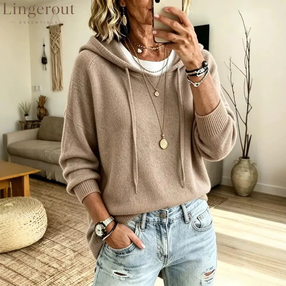 Soft Knit Drawstring Hooded Long Sleeve Pullover Sweater